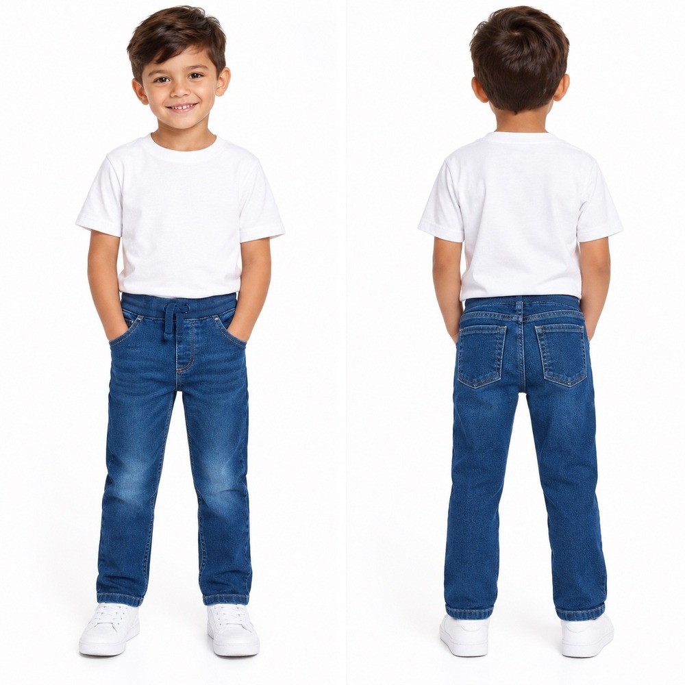 Primary Boys Blue Denim Jeans Size 4 Elastic Waist Drawstring Straight Leg